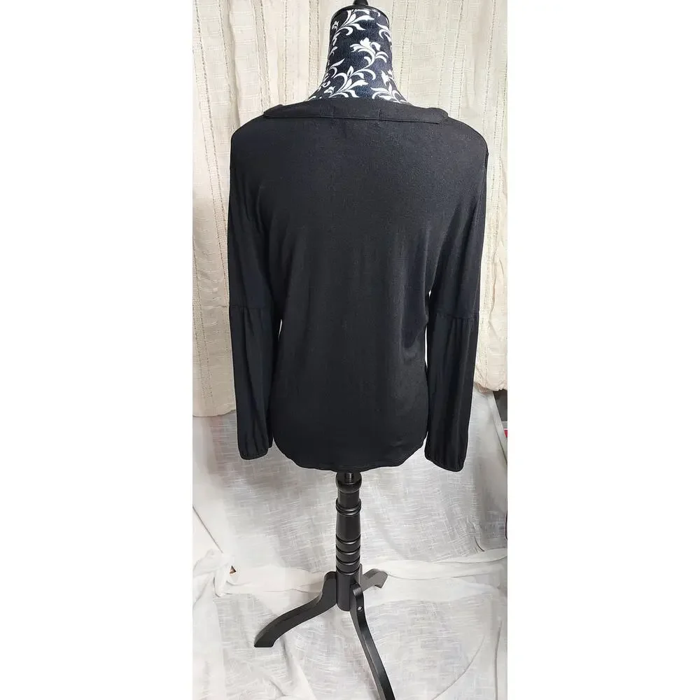Michael Kors Black Long Sleeve Top V Neck Metal Disc